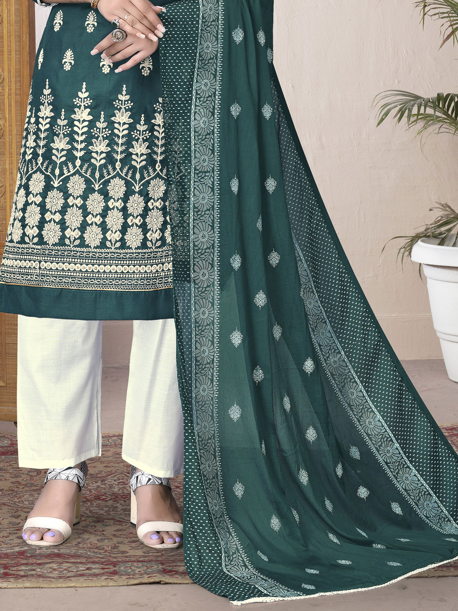Prussian Blue Cotton Embroidered Party Pant Kameez