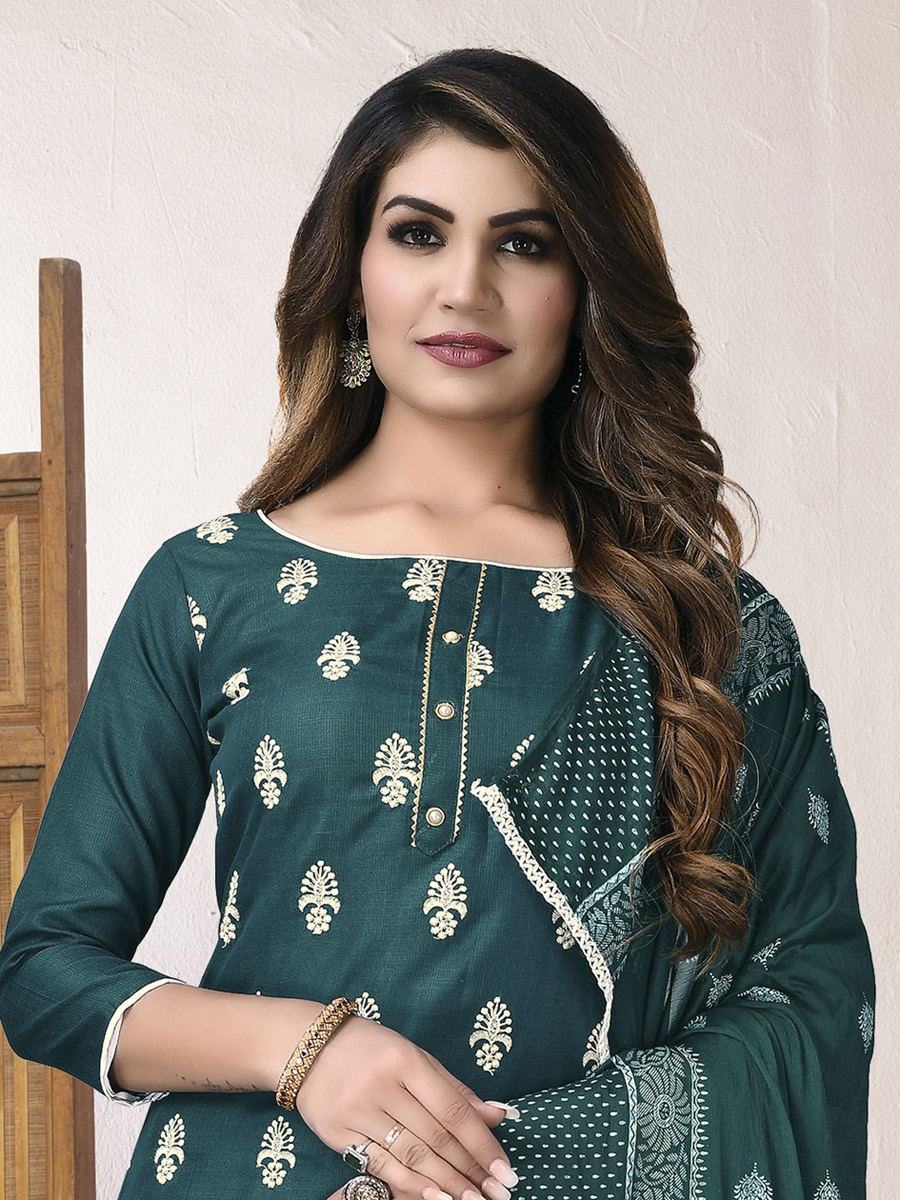 Prussian Blue Cotton Embroidered Party Pant Kameez