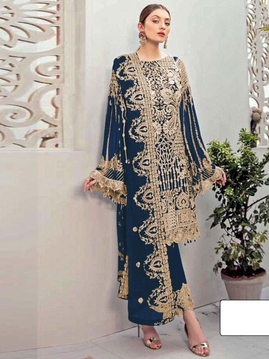 Prussian Blue Faux Georgette Embroidered Festival Pant Kameez