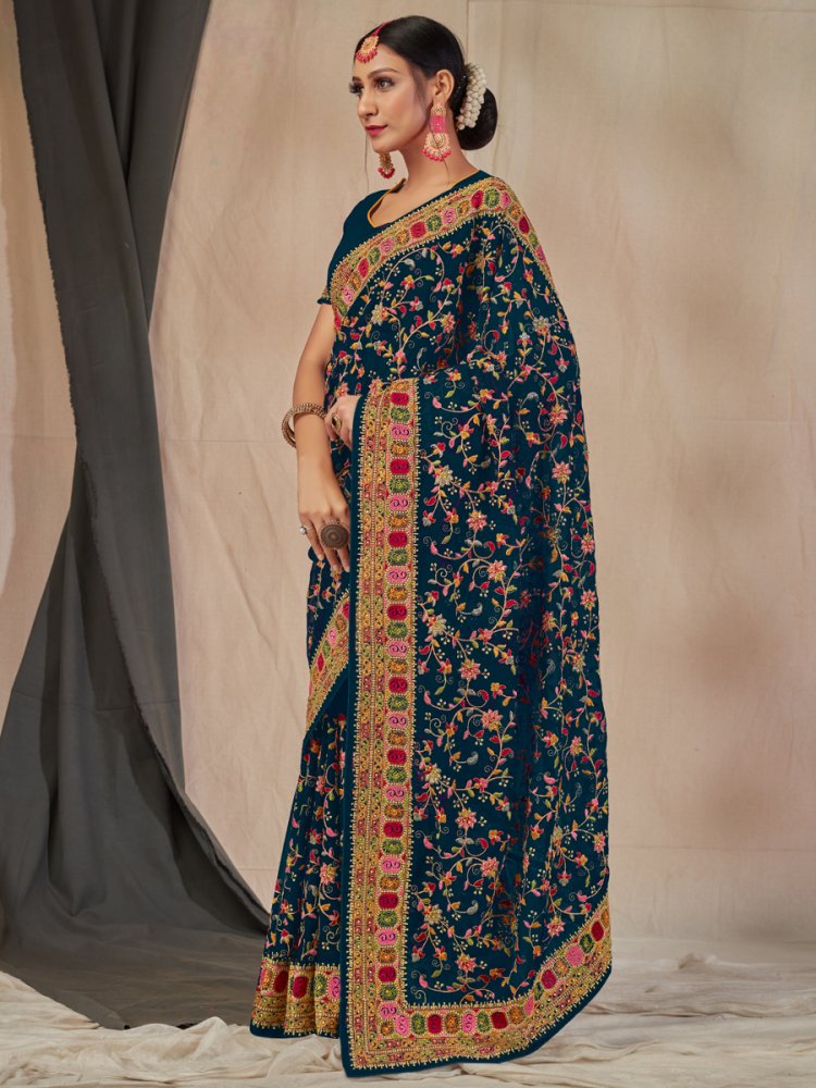 Prussian Blue Faux Georgette Embroidered Party Saree