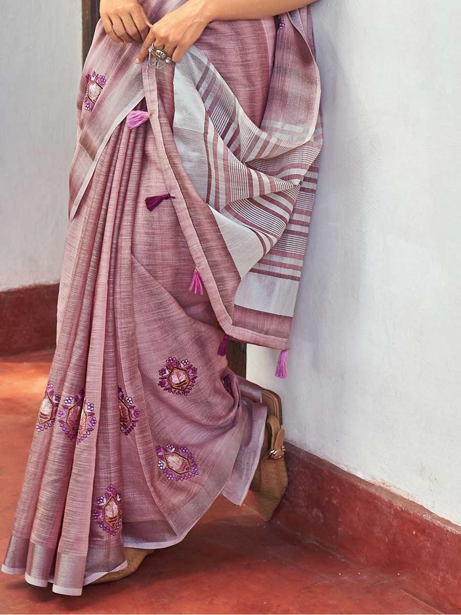 Puce Pink Linen Embroidered Festival Saree