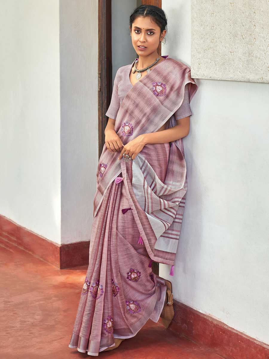 Puce Pink Linen Embroidered Festival Saree