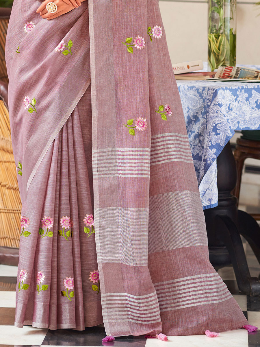 Puce Pink Linen Embroidered Party Saree