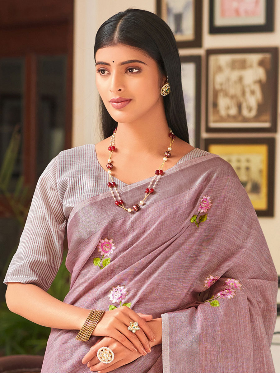 Puce Pink Linen Embroidered Party Saree