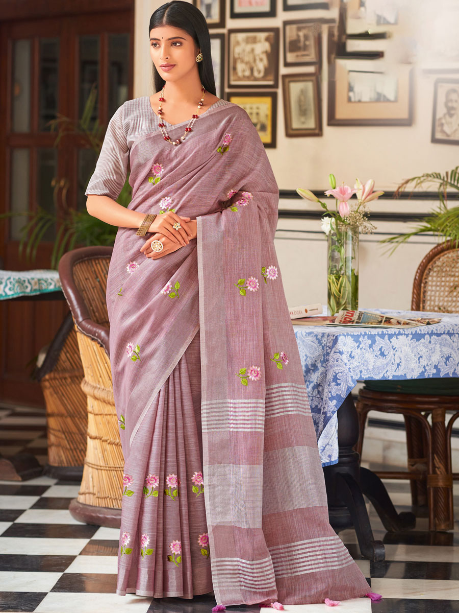 Puce Pink Linen Embroidered Party Saree