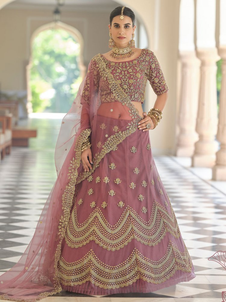 Puce Pink Net Embroidered Bridal Lehenga Choli