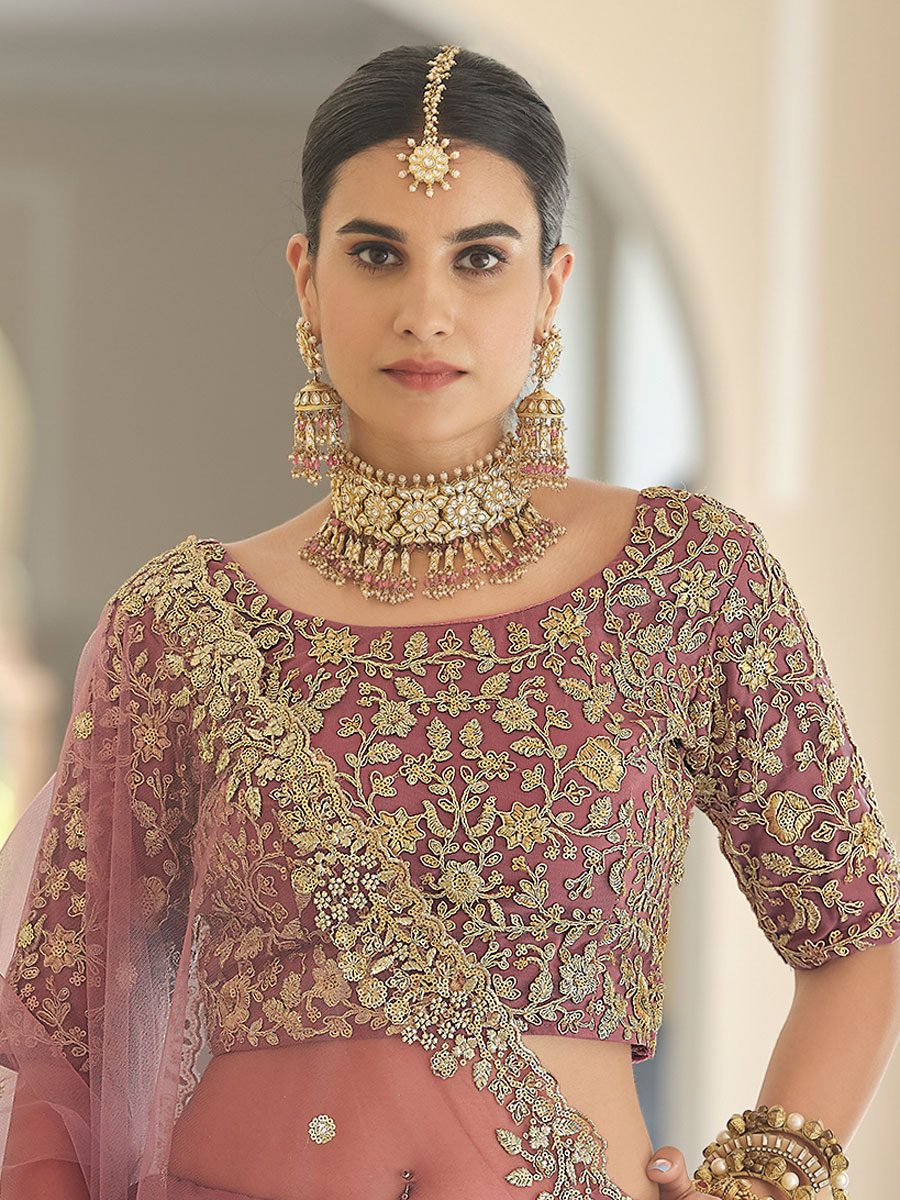 Puce Pink Net Embroidered Bridal Lehenga Choli