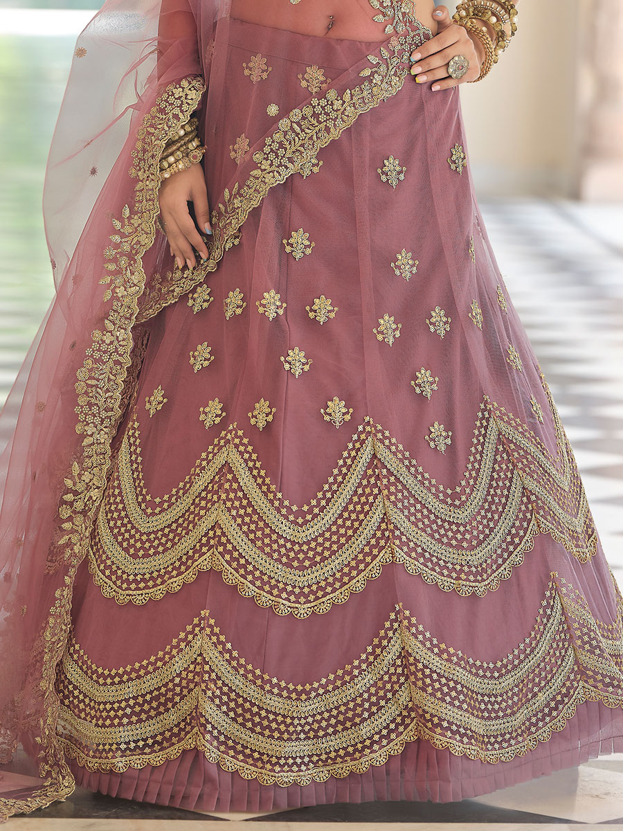 Puce Pink Net Embroidered Bridal Lehenga Choli