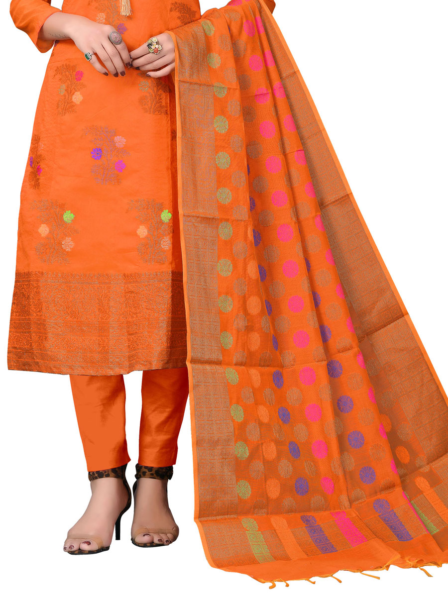 Pumpkin Orange Benarasi Jacquard Handwoven Festival Churidar Kameez