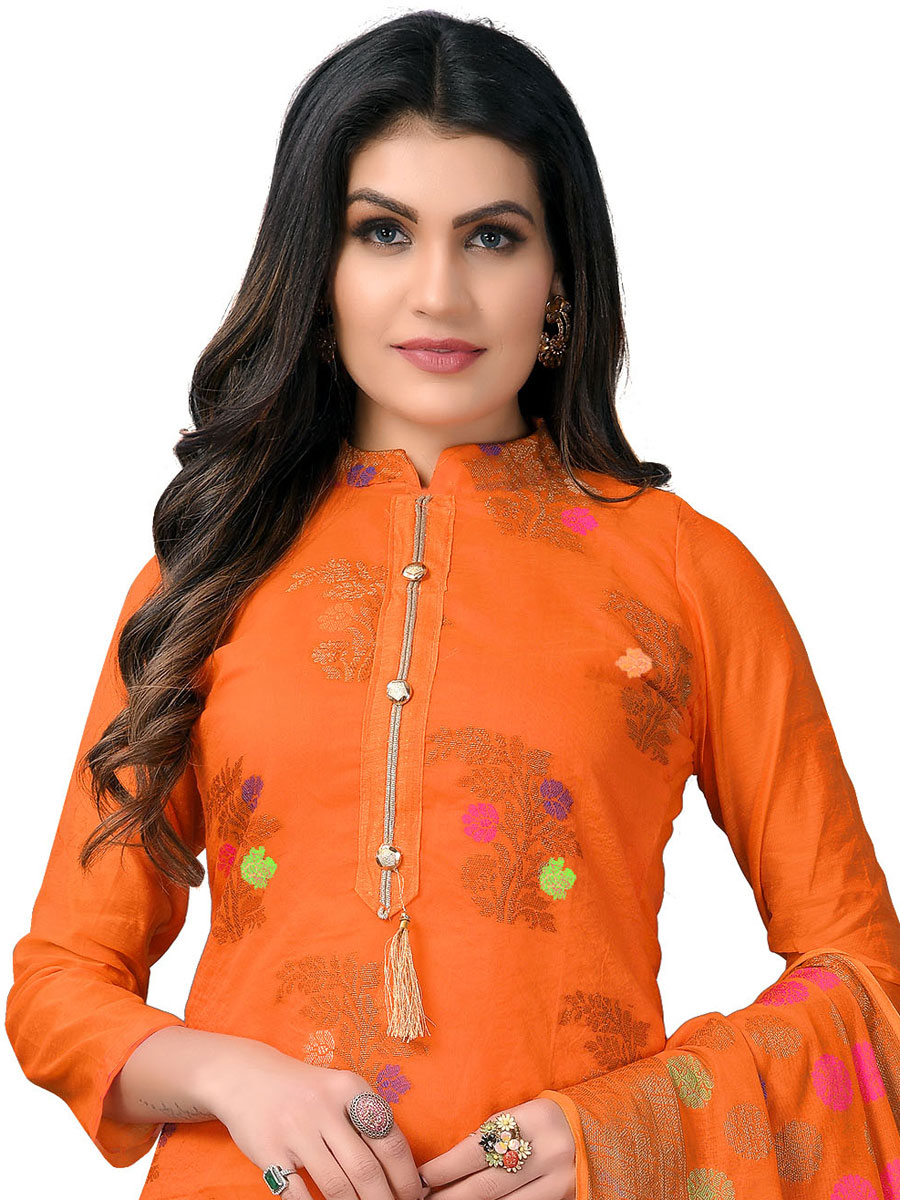 Pumpkin Orange Benarasi Jacquard Handwoven Festival Churidar Kameez