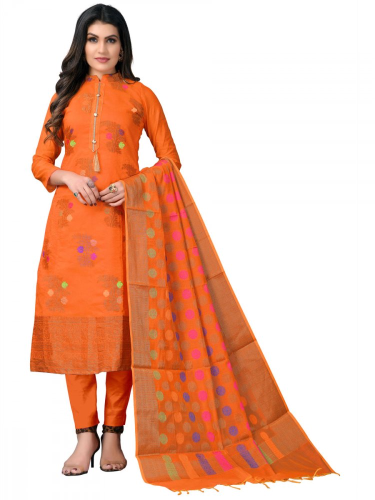 Pumpkin Orange Benarasi Jacquard Handwoven Festival Churidar Kameez