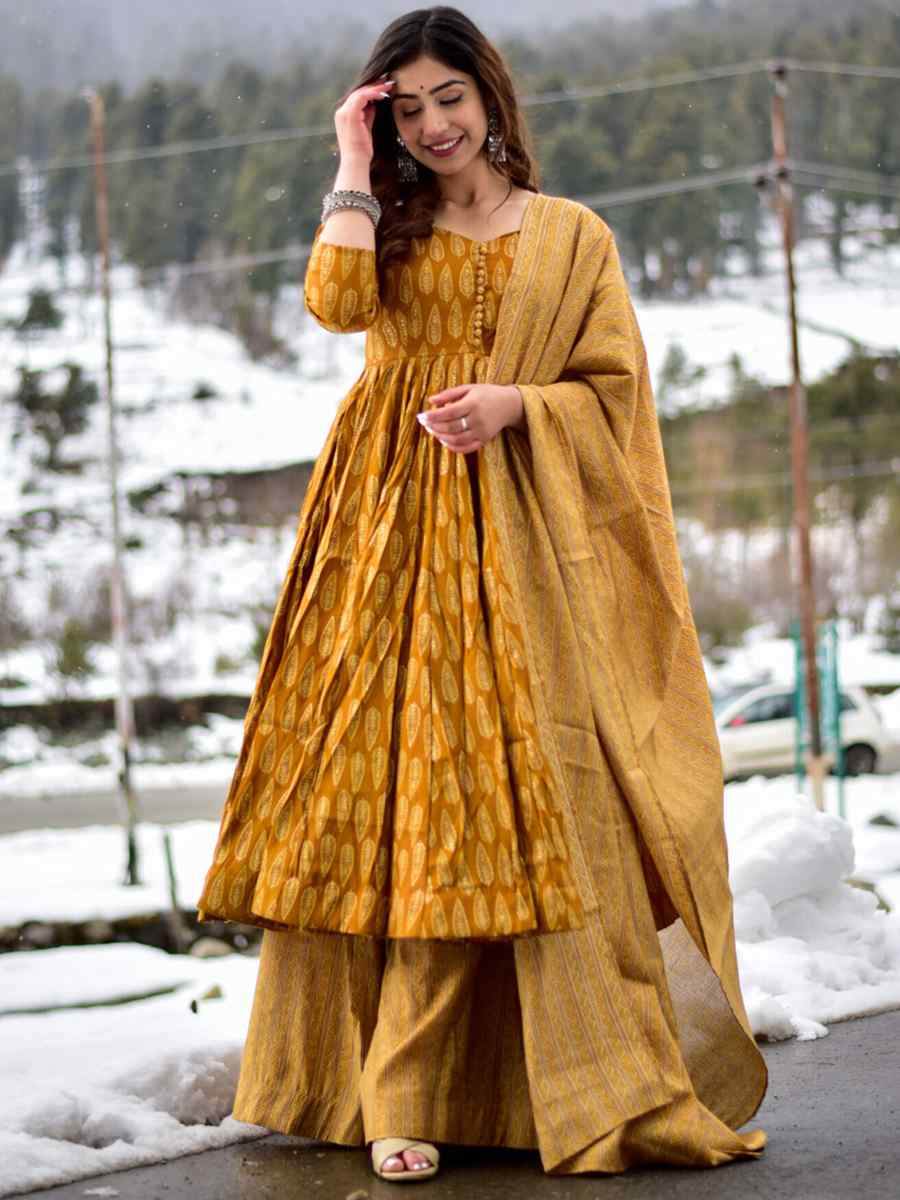 Pumpkin Pure Muslin Printed Festival Casual Palazzo Pant Salwar Kameez