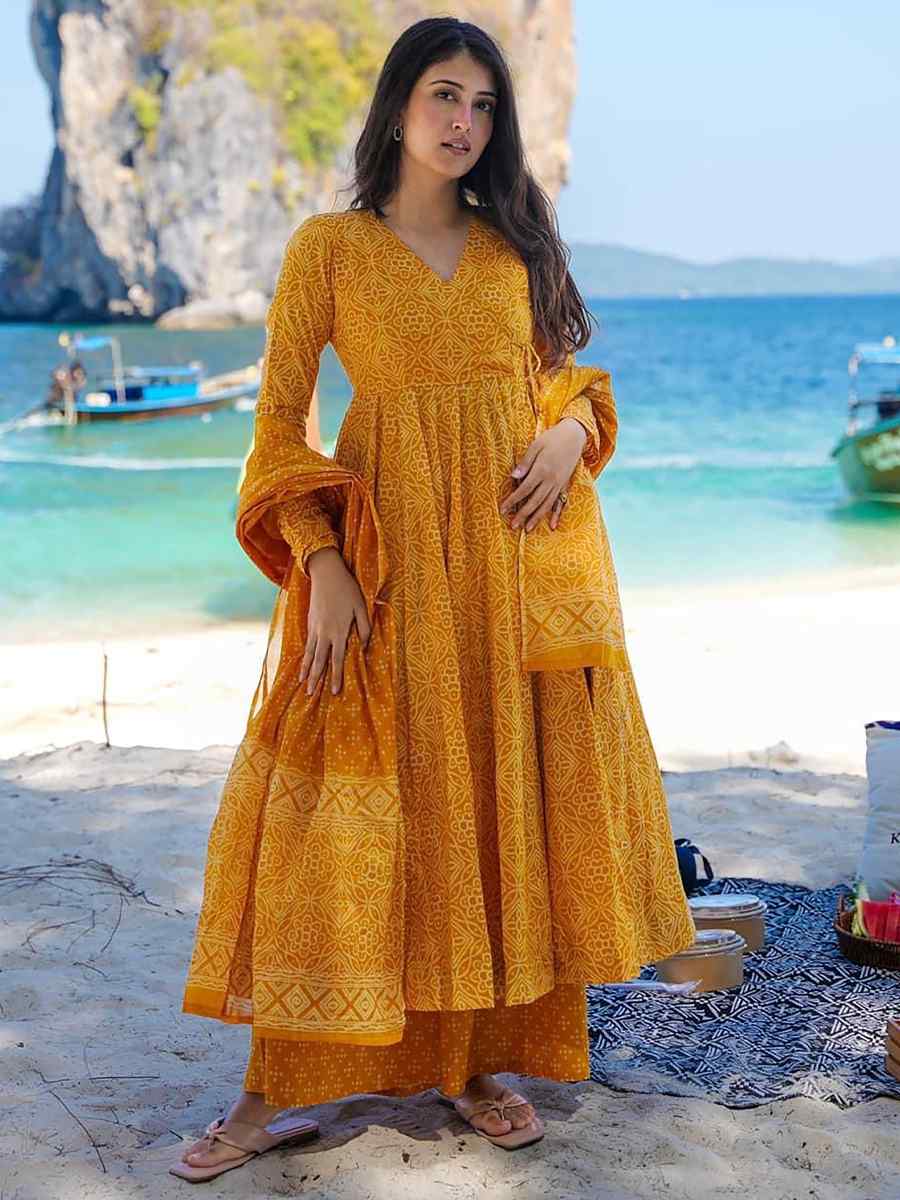 Pumpkin Yellow Pure MaslinPrinted Casual Festival Anarkali Salwar Kameez