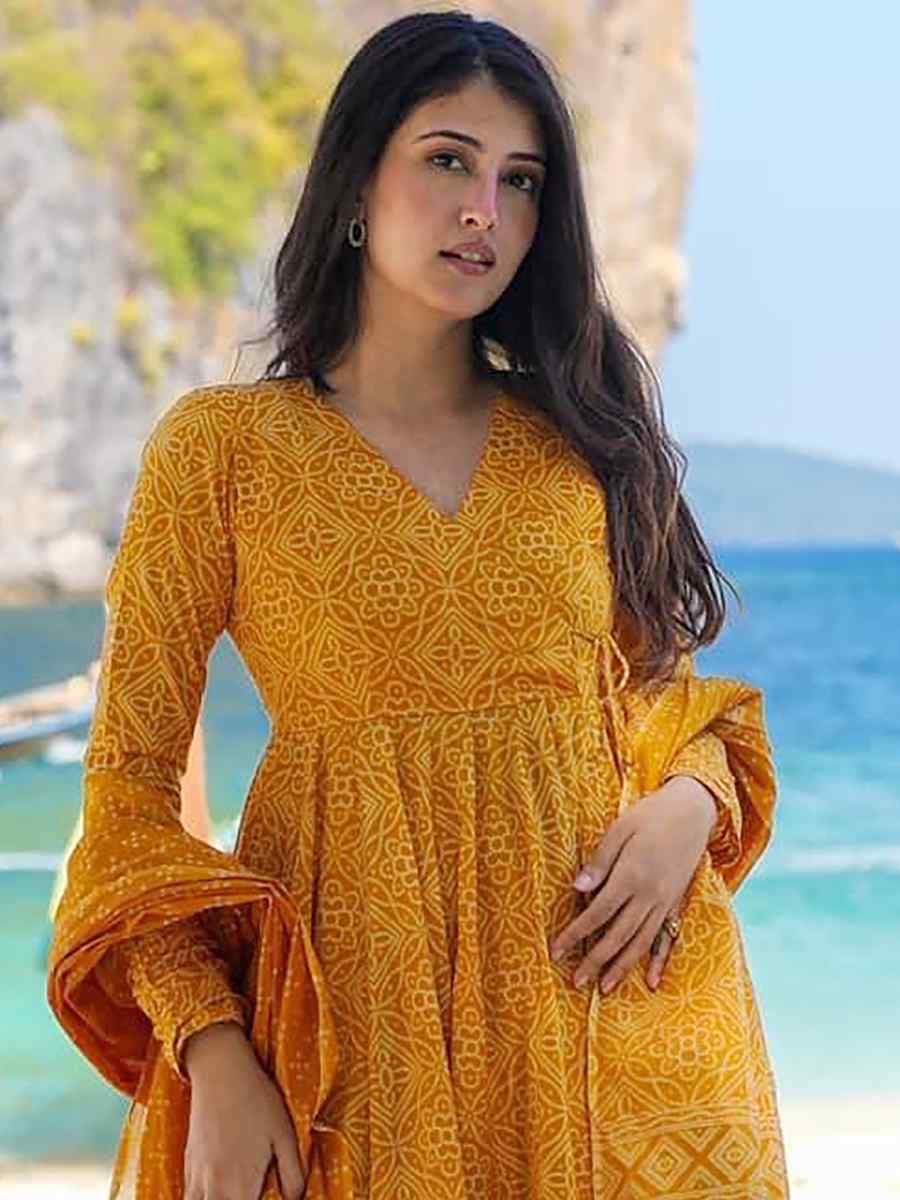 Pumpkin Yellow Pure MaslinPrinted Casual Festival Anarkali Salwar Kameez