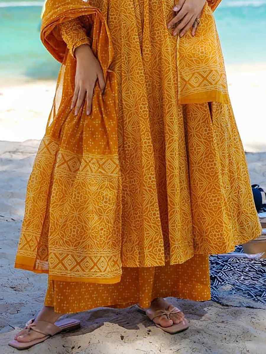 Pumpkin Yellow Pure MaslinPrinted Casual Festival Anarkali Salwar Kameez