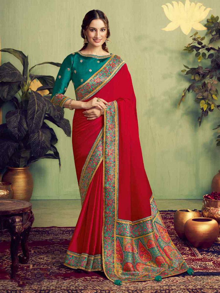 Image of Pure Red Zari Rangkat Woven Kora Satin Embroidery Bridal Reception Party Festival Wedding Fancy Heavy Border Sarees