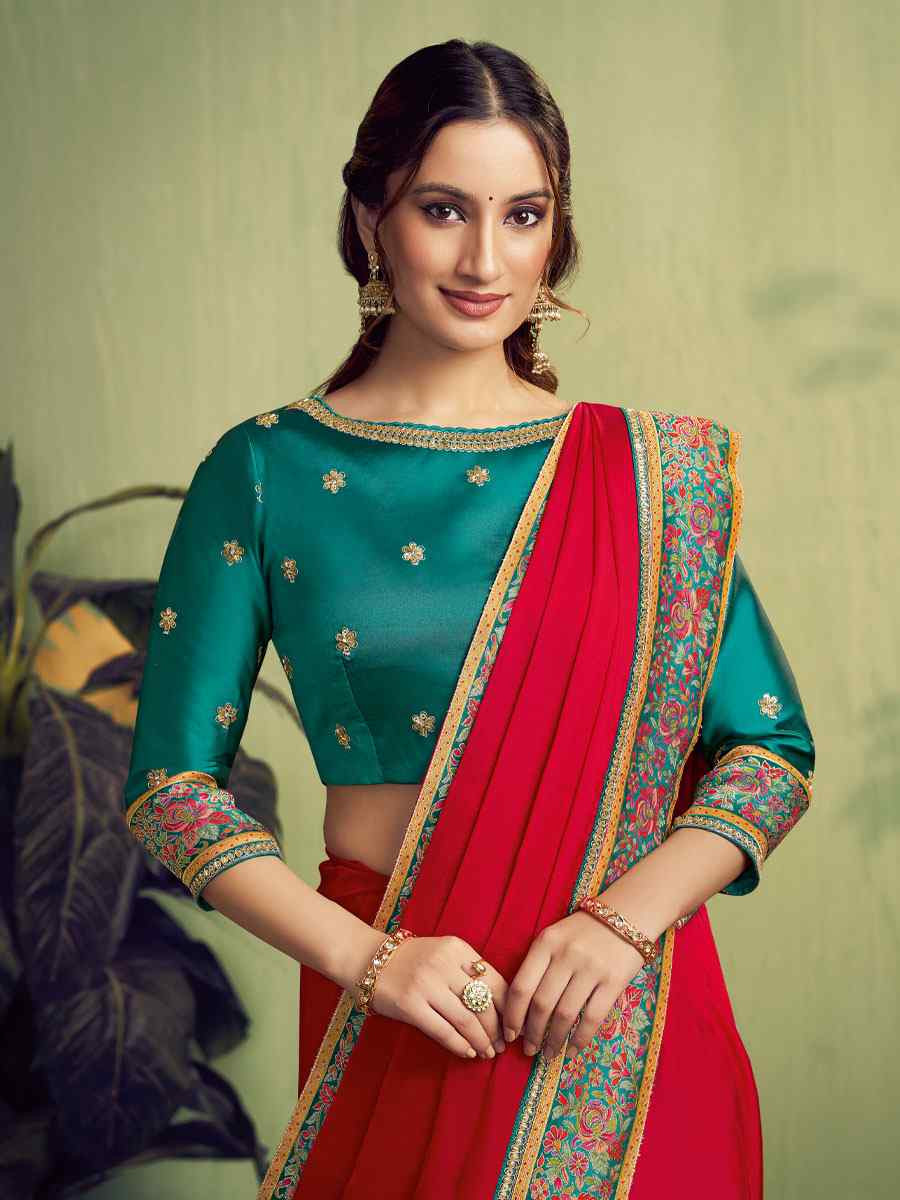 Pure Red Zari Rangkat Woven Kora Satin Embroidery Bridal Reception Party Festival Wedding Fancy Heavy Border Sarees