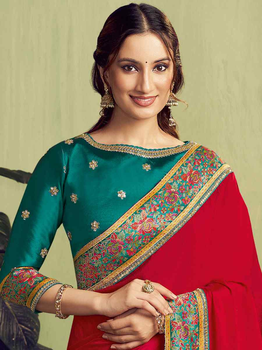 Pure Red Zari Rangkat Woven Kora Satin Embroidery Bridal Reception Party Festival Wedding Fancy Heavy Border Sarees