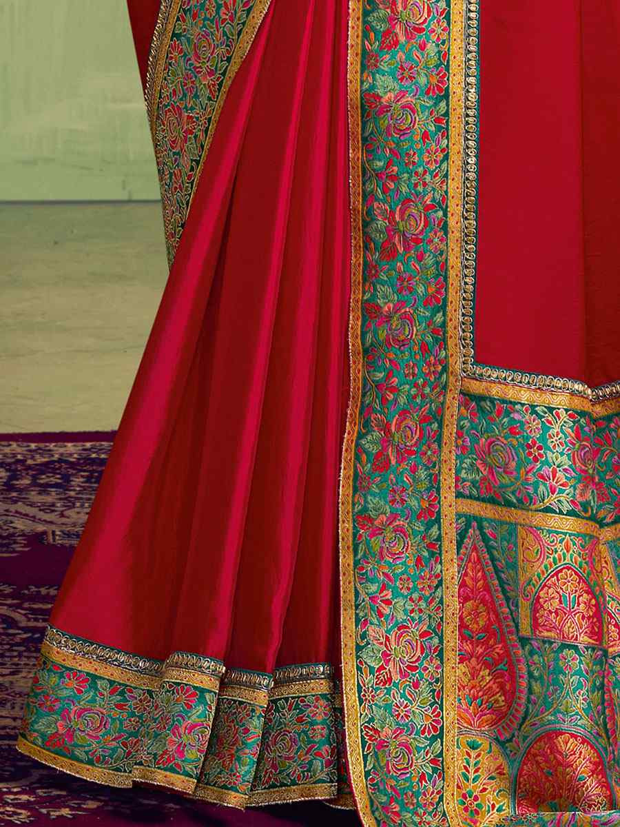 Pure Red Zari Rangkat Woven Kora Satin Embroidery Bridal Reception Party Festival Wedding Fancy Heavy Border Sarees