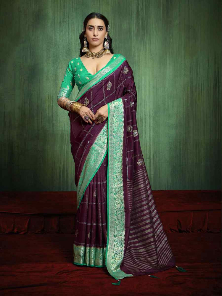 Purple  Blue Silk Handwoven Festival Wedding Fancy Heavy Border Saree