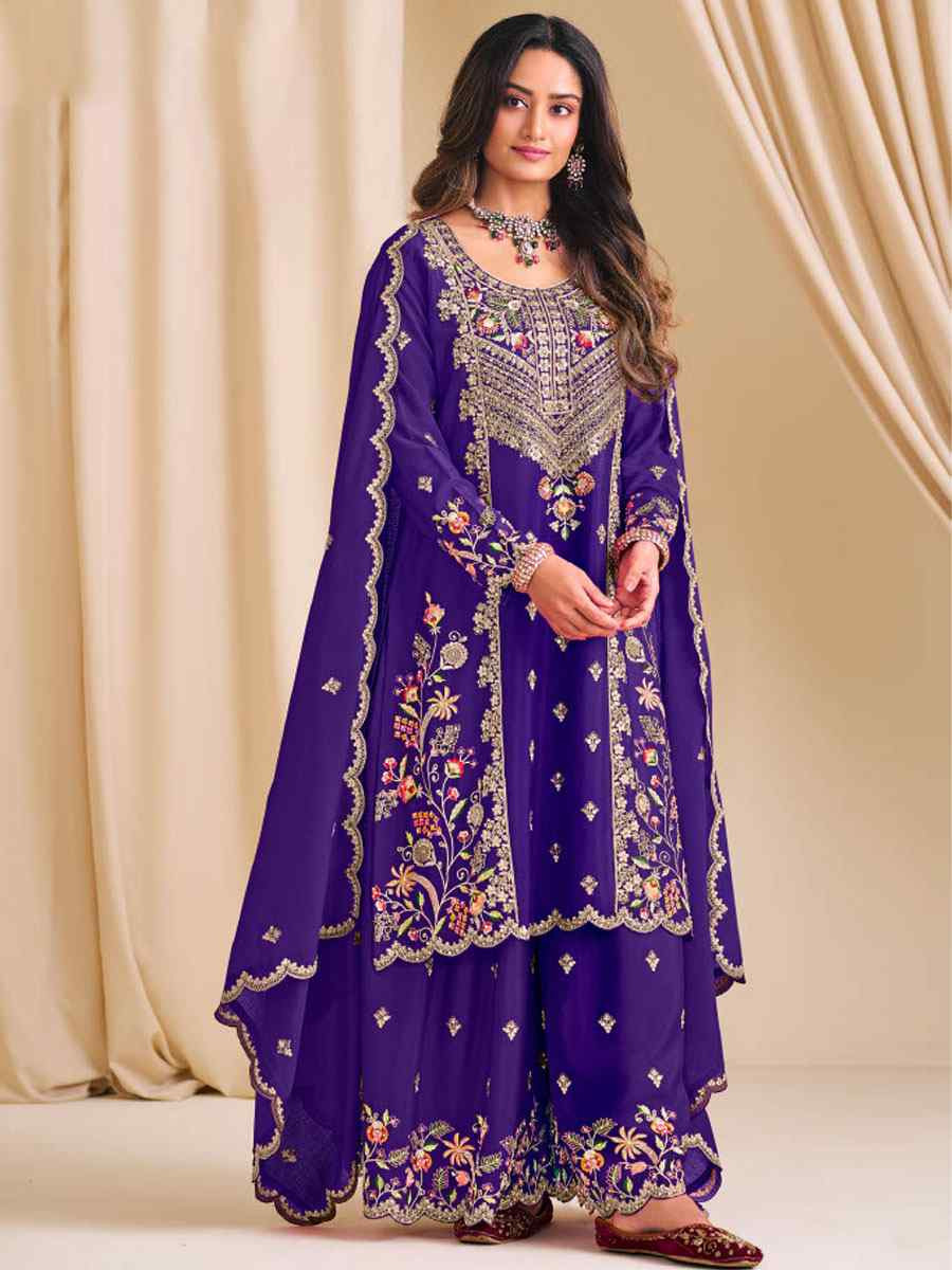 Purple Heavy Premium Chinon Embroidered Party Wedding Ready Palazzo Pant Salwar Kameez