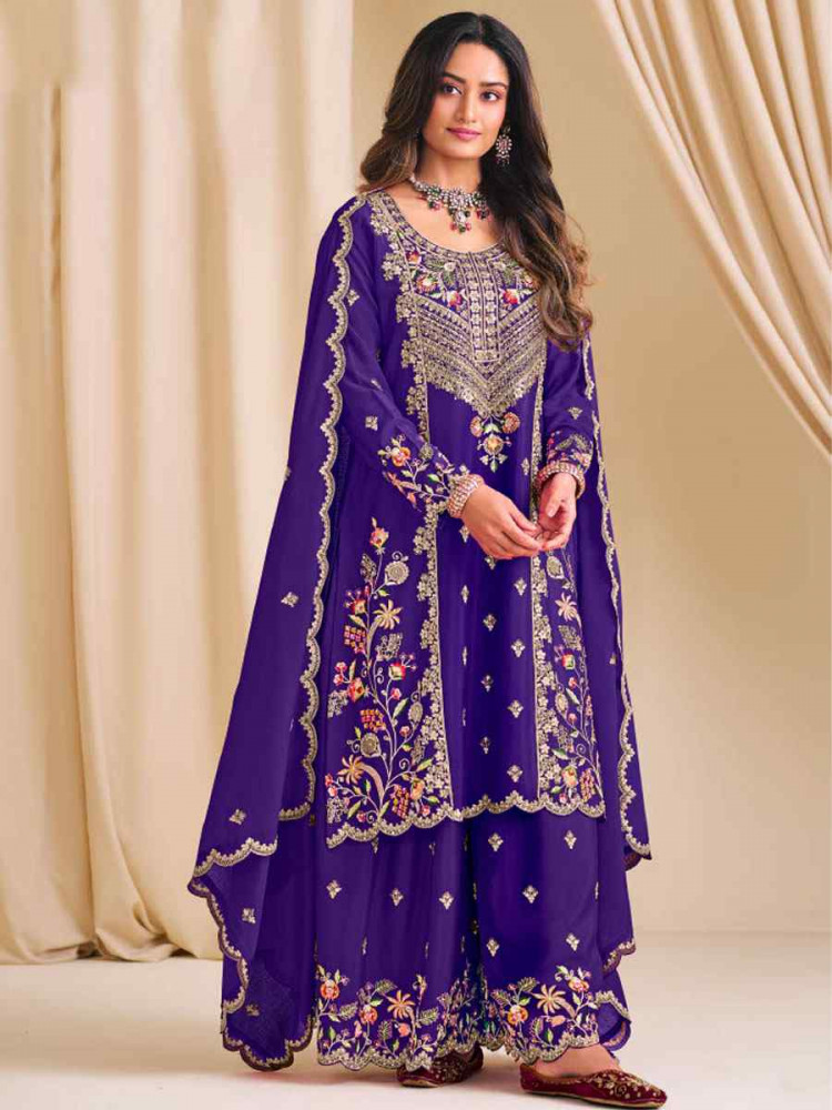 Image of Purple  Heavy Premium Chinon Embroidered Party Wedding Ready Palazzo Pant Salwar Kameez