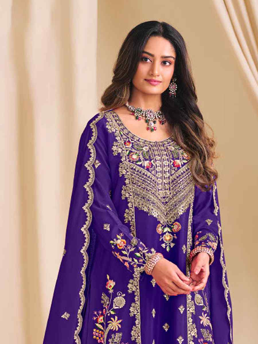 Purple  Heavy Premium Chinon Embroidered Party Wedding Ready Palazzo Pant Salwar Kameez