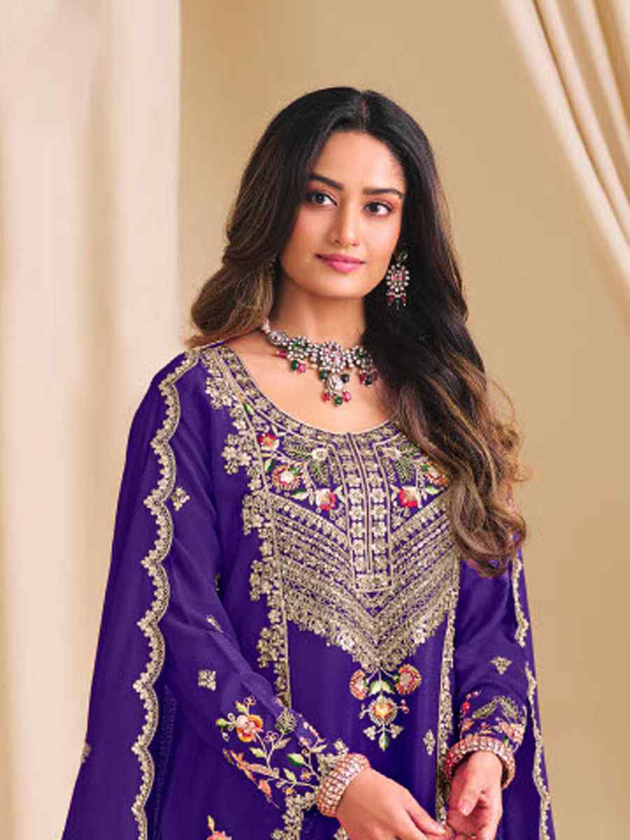 Purple  Heavy Premium Chinon Embroidered Party Wedding Ready Palazzo Pant Salwar Kameez