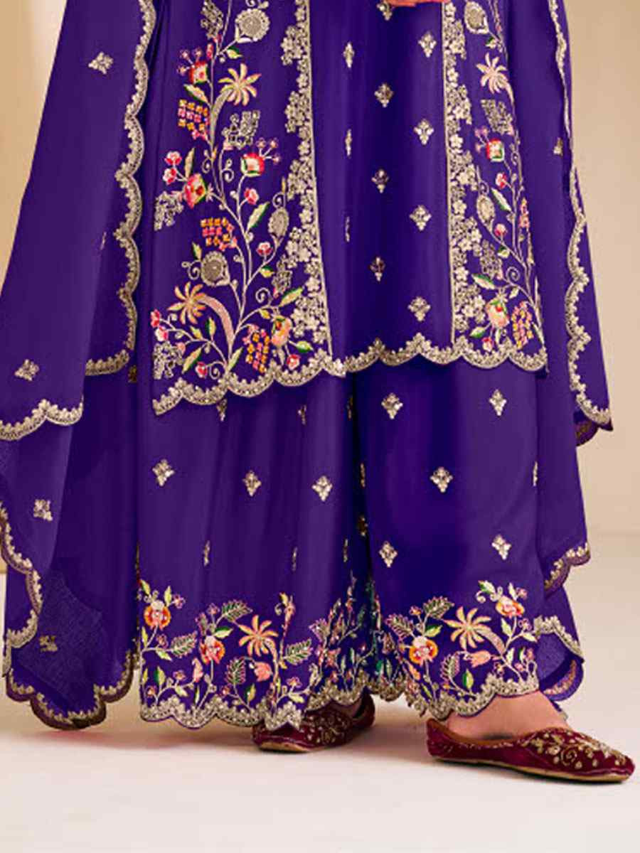 Purple Heavy Premium Chinon Embroidered Party Wedding Ready Palazzo Pant Salwar Kameez