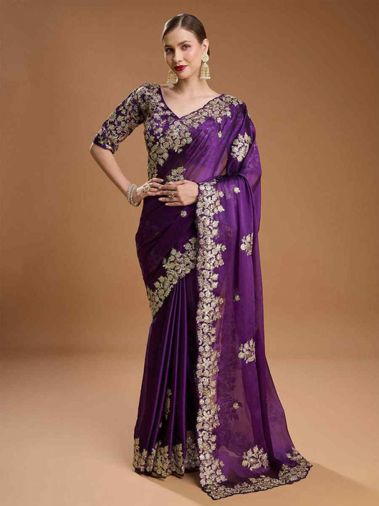 Image of Purple  Rangoli Silk Embroidery Casual Reception Festival Wedding Fancy Heavy Border Sarees