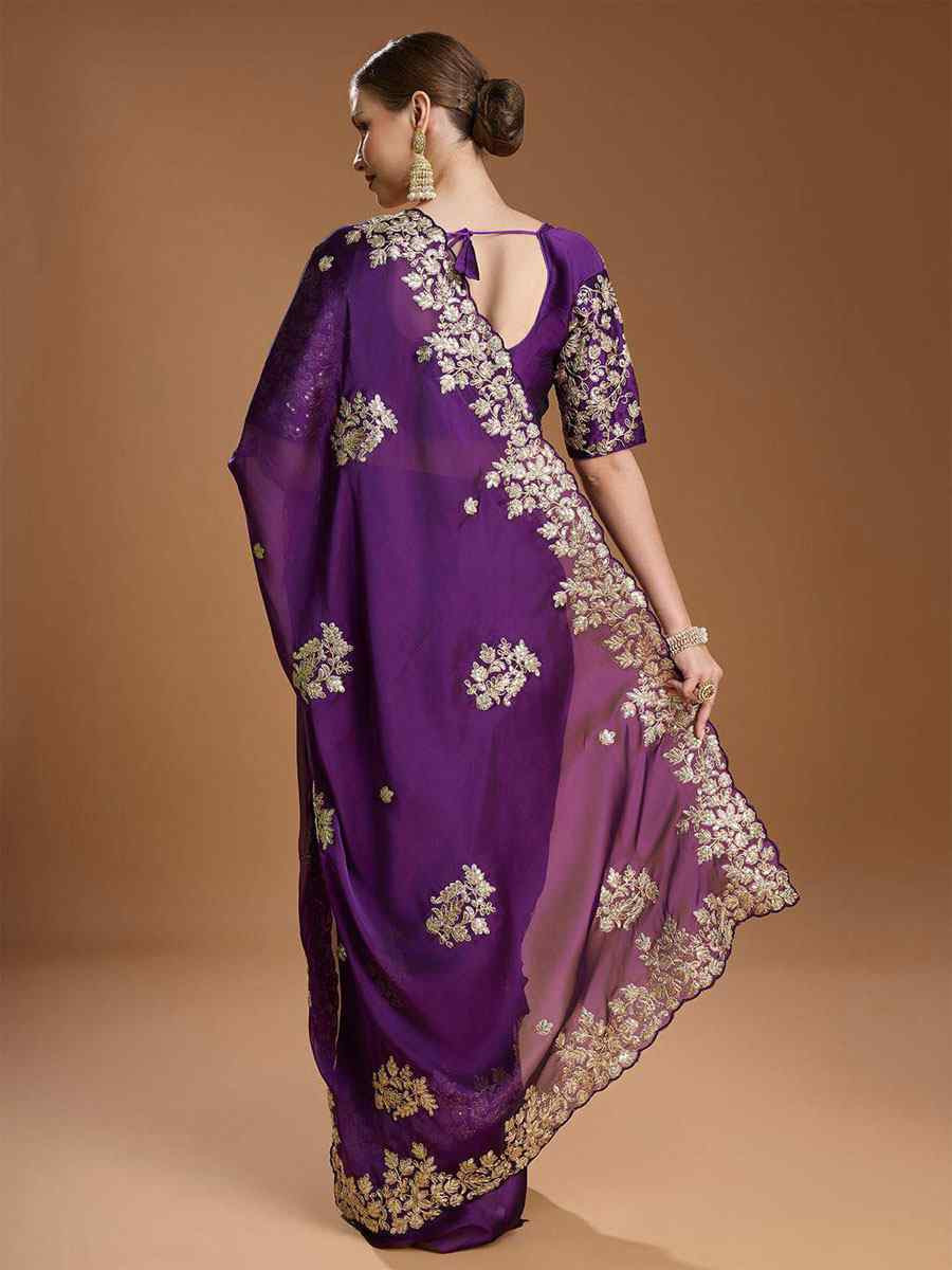 Purple  Rangoli Silk Embroidery Casual Reception Festival Wedding Fancy Heavy Border Sarees