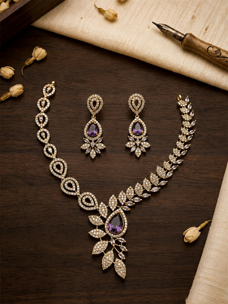 Image of Purple A.D. Stone Diamond Gemstone Festival Party Wedding Floral &amp; Leaf Design Necklace Set With Earrings