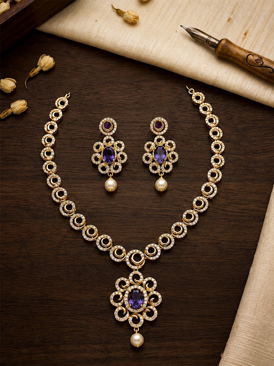Purple AD Stone Gemstone Pearls Festival Party Wedding Necklace Set With Earrings
