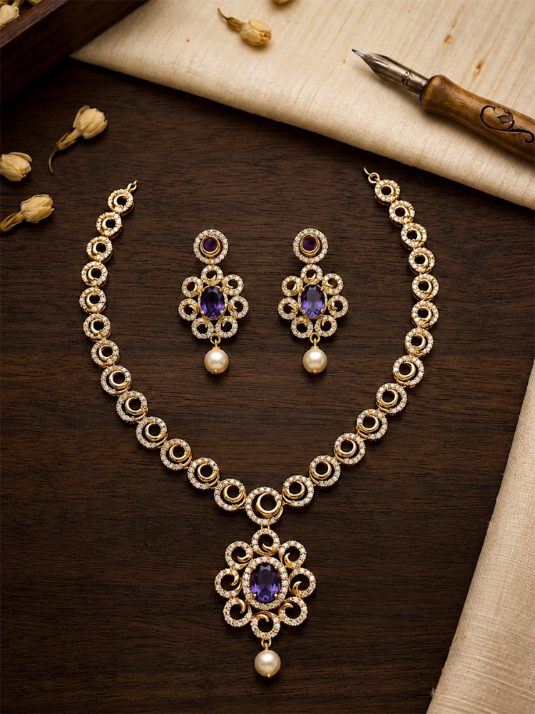 Image of Purple A.D. Stone Gemstone Pearls Festival Party Wedding Necklace Set With Earrings