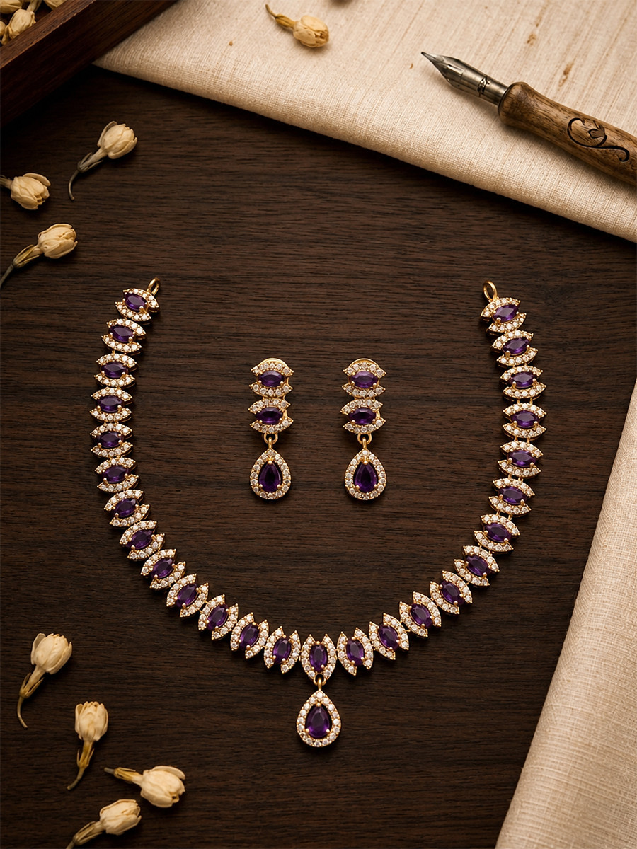 Purple AD Stone Gemstone Stone Festival Party Wedding Necklace Set With Earrings