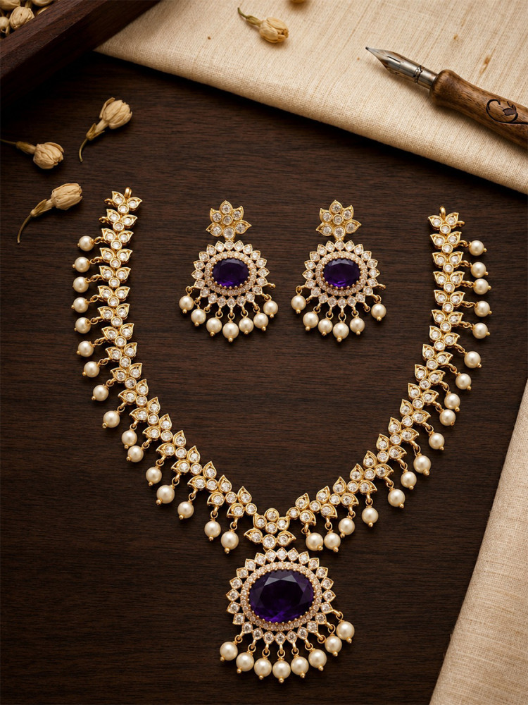 Image of Purple A.D. Stone Kundan Stone Pearls Wedding Party Festival Wear Necklace Set With Earrings