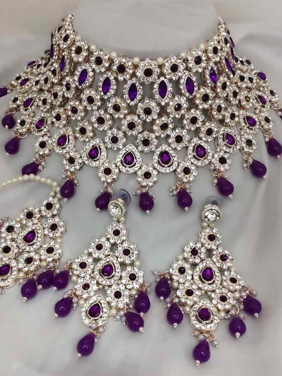 Purple Alloy Bridal Wear Kundan Necklace
