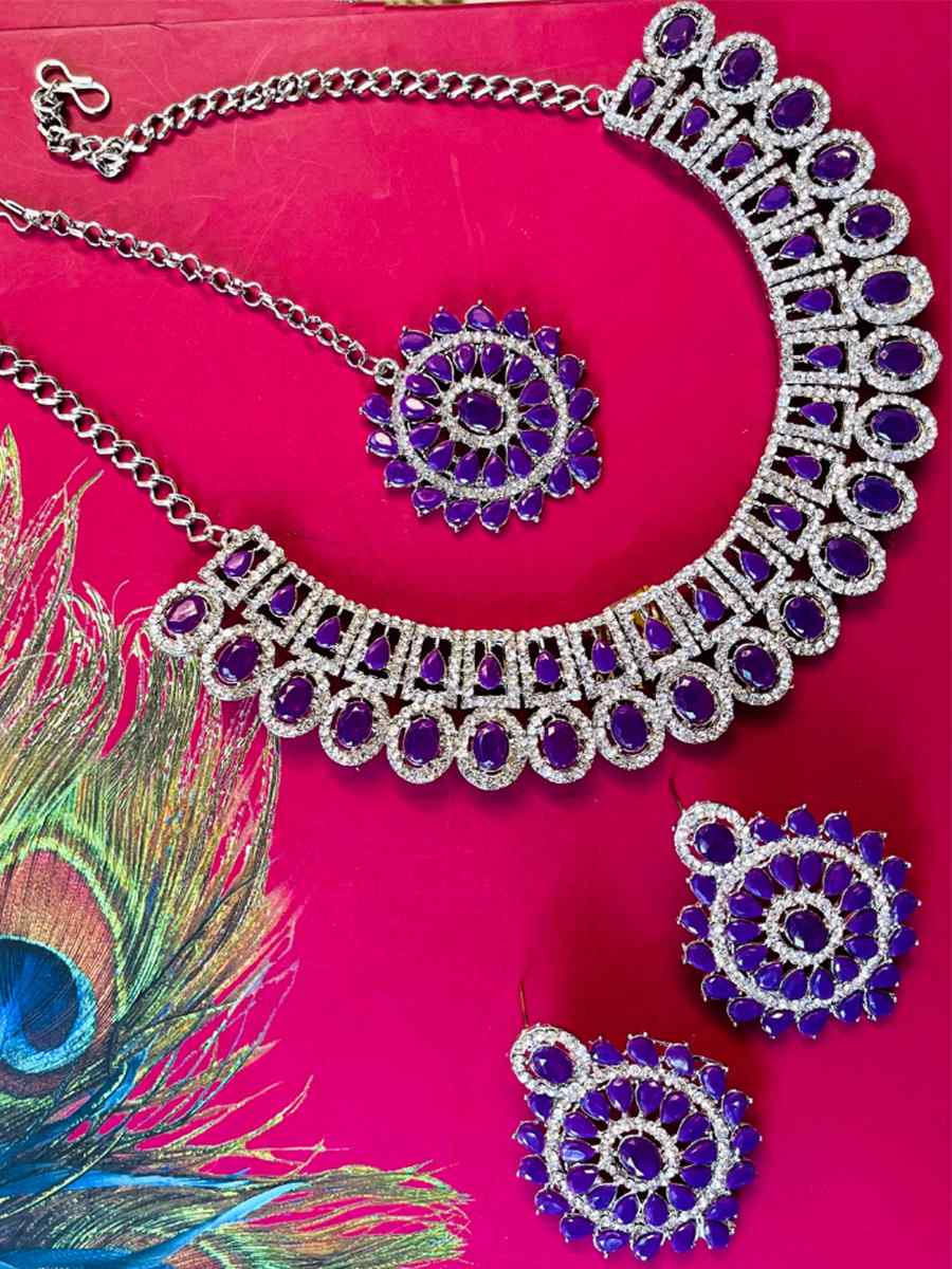 Purple Alloy Festival Wear Diamonds Necklace