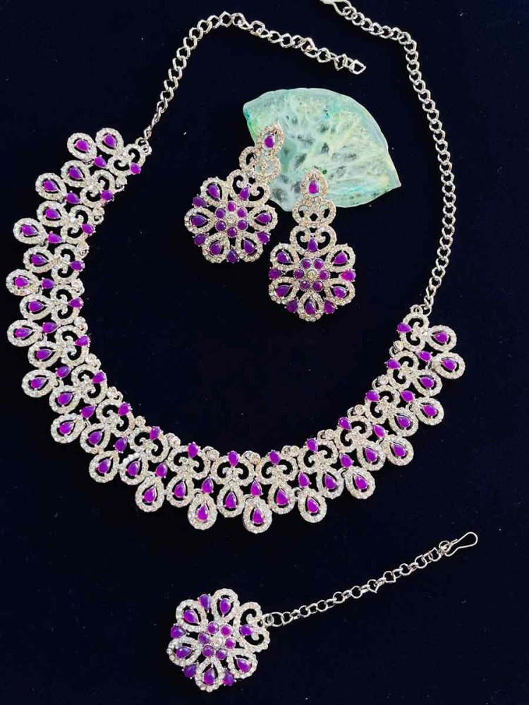 Purple Alloy Festival Wear Diamonds Necklace