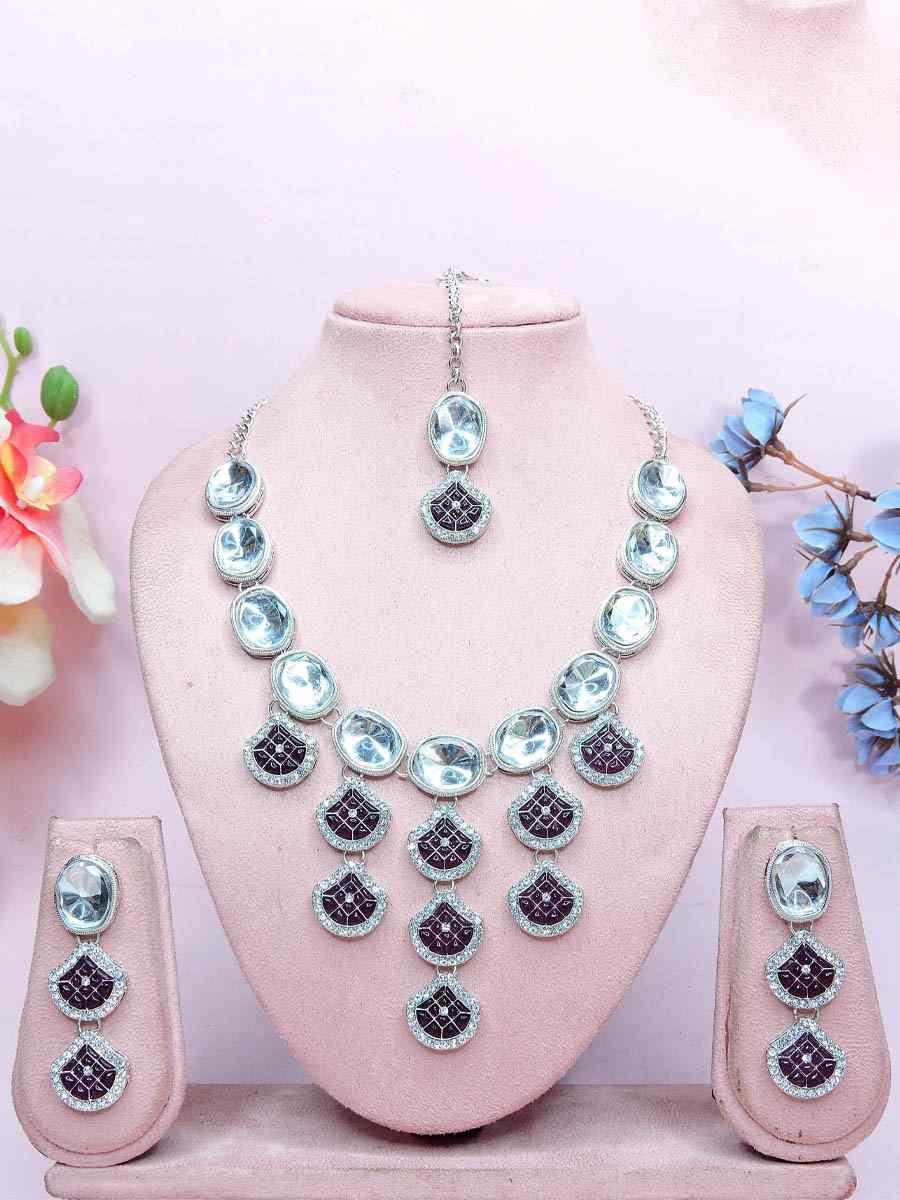 Purple Alloy Metal Festival Wear Kundan Necklace