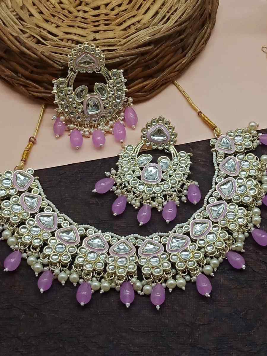 Purple Alloy Metal Festival Wear Kundan Necklace