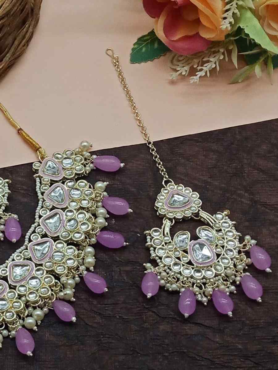 Purple Alloy Metal Festival Wear Kundan Necklace