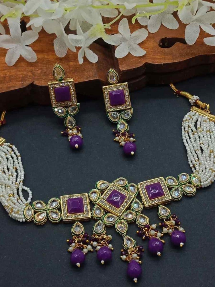 Purple Alloy Metal Festival Wear Kundan Necklace