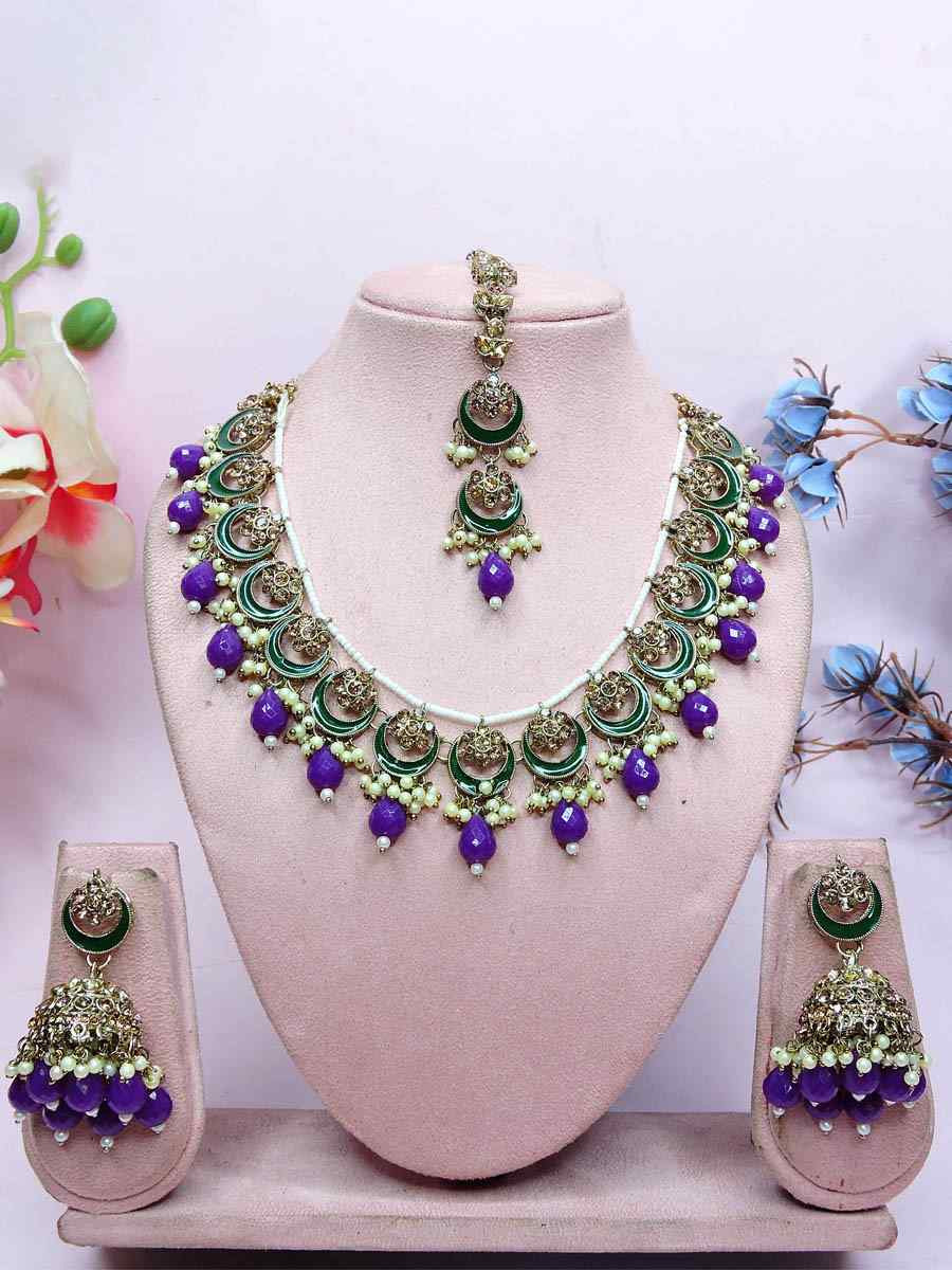 Purple Alloy Metal Festival Wear Kundan Necklace