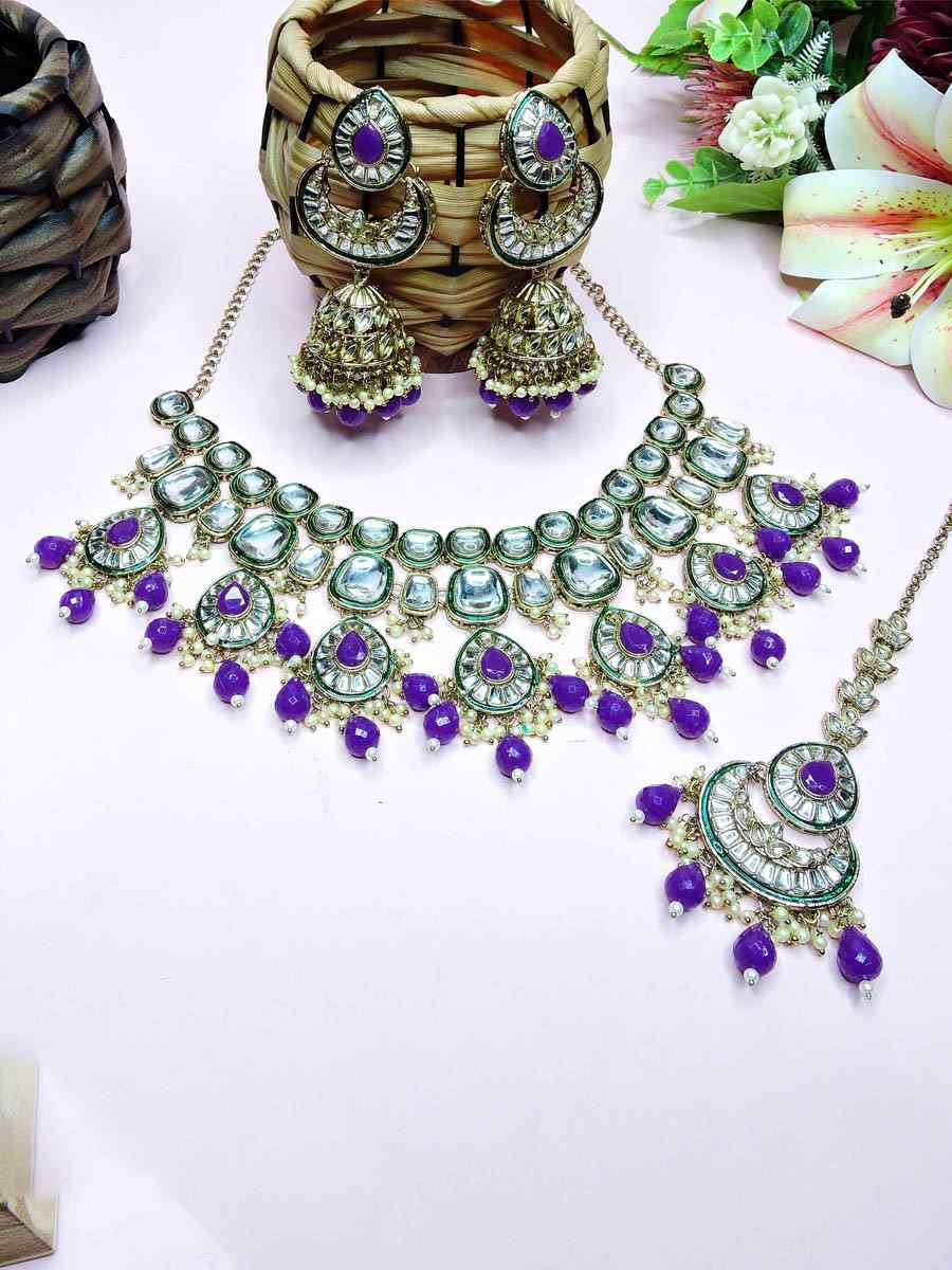 Purple Alloy Metal Festival Wear Kundan Necklace