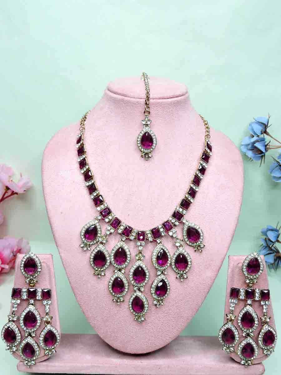 Purple Alloy Metal Festival Wear Kundan Necklace