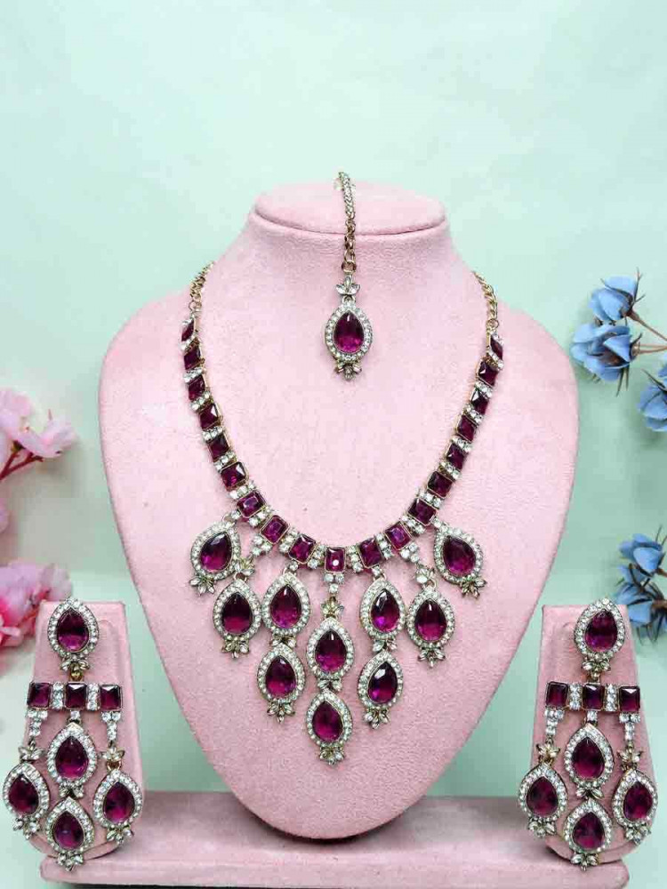 Purple Alloy Metal Festival Wear Kundan Necklace