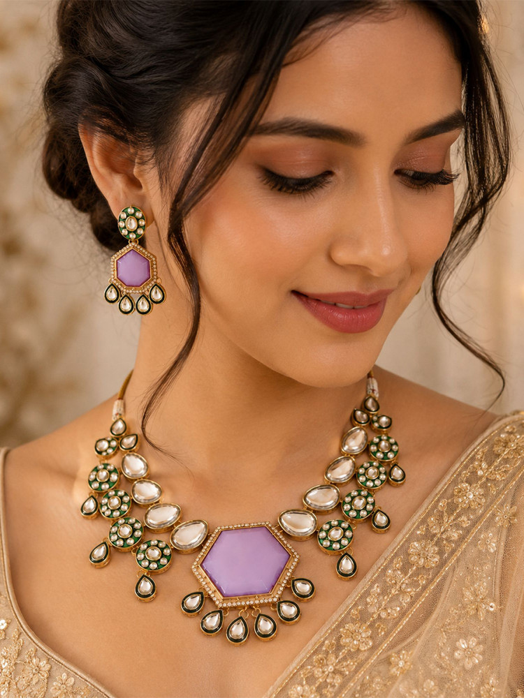 Image of Purple Alloy Wedding Party Festival Wear Meenakari Gemstone Kundan Necklace