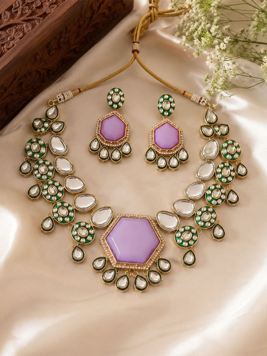 Purple Alloy Wedding Party Festival Wear Meenakari Gemstone Kundan Necklace