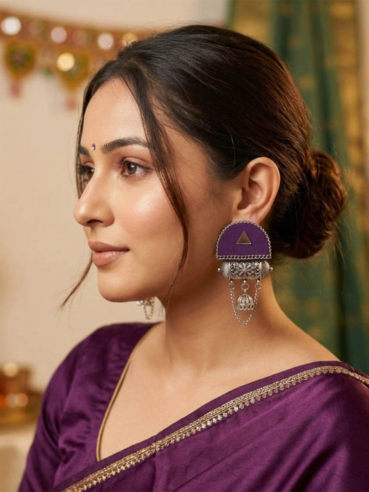 Image of Purple Alloy Wedding Party Festival Wear Oxidised Stone Work Earrings